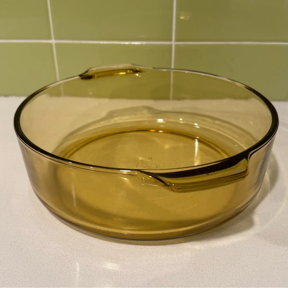 Vintage Pyr-O-Rey Amber Glass Casserole Dish with Tab Handles